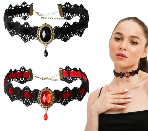 WUSJCOF 2 Stück Schwarz Choker Gothic Spitze Halsband Halskette Strass Tattoo Halsband Kragen Punk Spitze Choker Vampir Halsband mit Träne Anhänger für Damen Cosplay Party