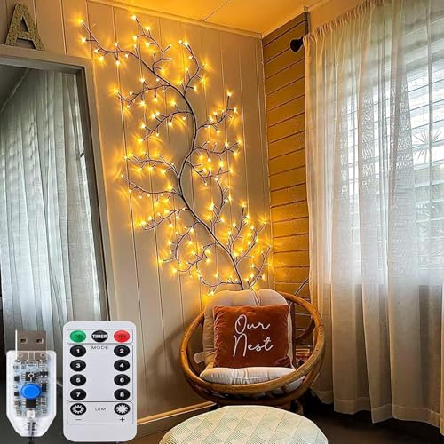 2 luci a LED scintillanti per albero da 2,1 m, per stanza e casa, luce bianca calda da parete, ghirlanda illuminata per interni, decorazioni natalizie di Halloween (vite di salice incantato) (marrone)