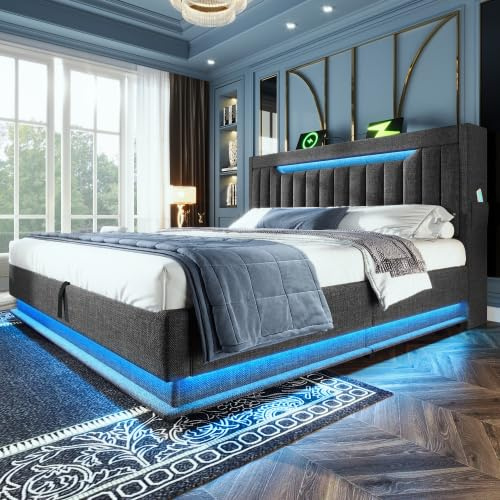 Polsterbett Doppelbett 140x200, LED Jugendbett Hydraulisches Bett Stauraumbett Funktionsbett Bettgestell mit Stauraum&Lattenrost, Stauraum-Kopfteil mit USB Type-C Aufladen, Leinen, Mit Matratze, Grau