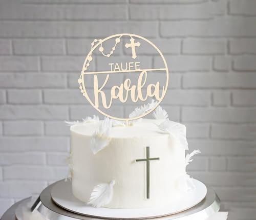 Personalisierter Cake Topper zur Taufe – 15-25 cm aus Holz Tortendeko mit Kreuz & Rosenkranz – Individuelle Namensdekoration für Tauftorte, Kommunion & religiöse Feiern – Handgefertigte Kuchenfigur