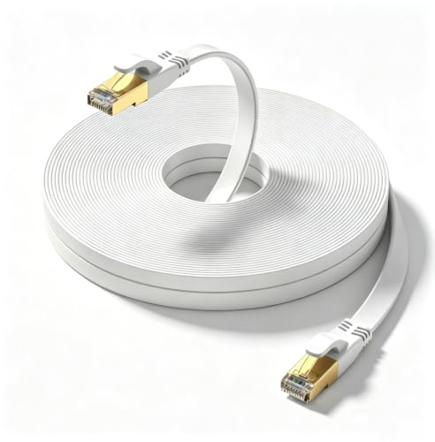Ohmvolta Cat 8 Ethernet Cable 30m White,High-Speed 40Gbps 2000Mhz Lan Internet Cable Gold Plated RJ45 Connector,Outdoor Indoor Flat S/FTP Patch Cord for Gaming Router Modem,Faster Than Cat7 Cat6 Cat5