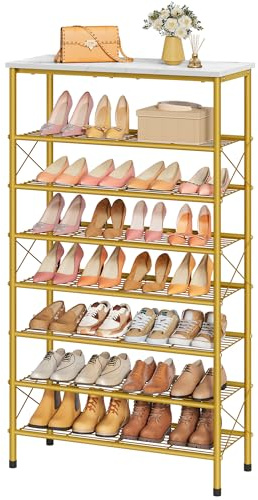 Tajsoon 8-stöckiges Schuhregal für 28–32 Paar Schuhe, Schuhablage aus Metallgitter für den Kleiderschrank, industrielles Schuhregal für den Eingangsbereich mit X-förmigem, festem Rahmen, Weiß & Gold