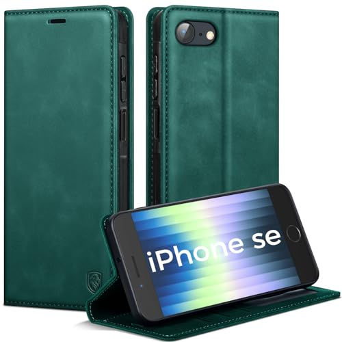 AIMOYU Handyhülle für iPhone SE 2022/SE 2020/iPhone 8/iPhone 7 Hülle, Premium Lederhülle Flip Case Magnet Tascher Kartenfach Standfunktion Klapphülle Schutzhülle für iPhone SE-Hülle, Blau Grün