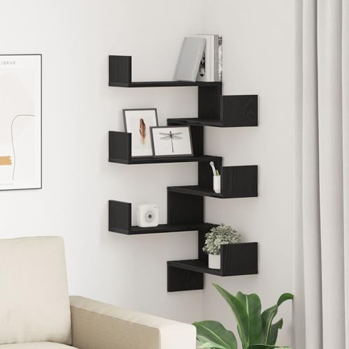 IBUQDDV Set di Mensole Angolari in Rovere Nero per Soggiorno, Triangolari Salvaspazio 40x40 cm, Legno Ingegnerizzato per Esporre Libri Piante Oggetti Decorativi, Finitura Opaca,