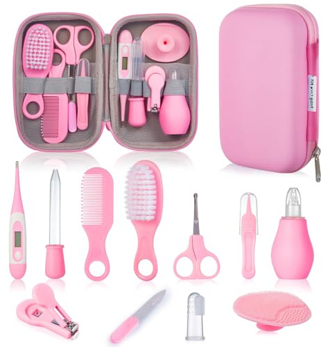 12 Set Kit Neonato Igiene Nascita - Cura Bambina, Kit Unghie Neonato, Set Bagnetto Neonato, Indispensabili Accessori Utili Prodotti per Neonato, Beauty Spazzola Neonati Viaggio e Quotidiana (Rosa)
