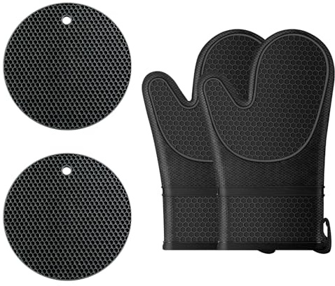 Silicone Oven Mitts, Oven Mitts Heat Resistant with 2 Pot Holders | Anti-Slip Oven Gloves, Soft Lining Oven Mitts for Kitchen Cooking Baking Microwave