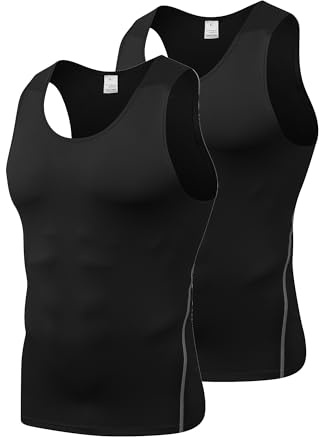 Yuerlian Black 2 Pack Compression Vest for Men Running Gym Sleeveless T-Shirt Cool Dry Breathable Training Undershirt for Sport Workout Cycling Football