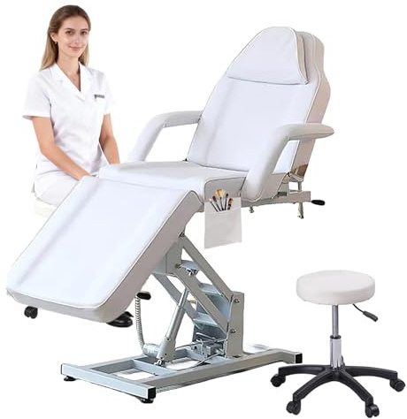 TRIOBLADE Electric Massage Table Beauty Bed With Stool Adjustable 3-Section Massage Bed Salon Tattoo Facial SPA Recline Chair Electric Massaging Removable Armrests Headrest (White)