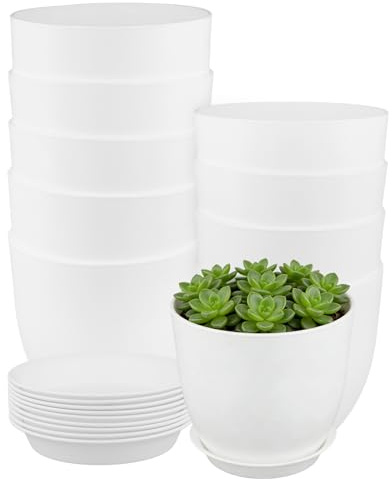 JIAYUET 10-pack 16 cm plastkrukor med dräneringshål och fat, 15 cm vita kraftiga blomkrukor för inomhusväxter, suckulenter