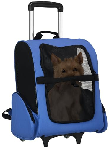 PawHut Transportväska med hjul 2-i-1 rullvagn, hundryggsäck, kattryggsäck med teleskopiskt handtag, förvaringsväskor, ventiler, säkerhetsfäste, 42 x 25 x 55 cm, blå