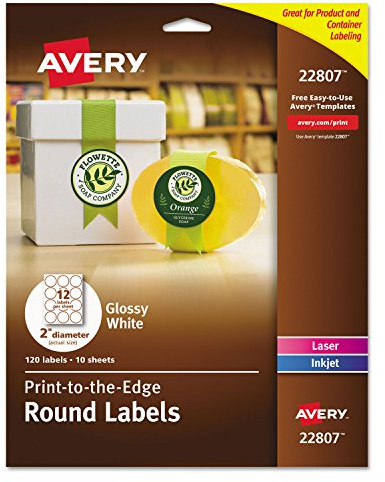 Avery Printable Round Labels, Sure Feed Technology, Glossy White Labels, 2 Diameter, Permanent Adhesive, Laser/Inkjet, 120 Total (22807)