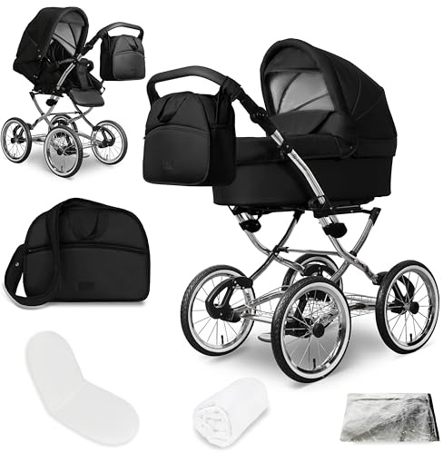 Bergsteiger Venedig Nostalgie Kombikinderwagen 2-in-1 ohne Babyschale – Babywanne & Sportsitz, Luftreifen, Federung, höhenverstellbarer Griff, faltbar, Zubehör