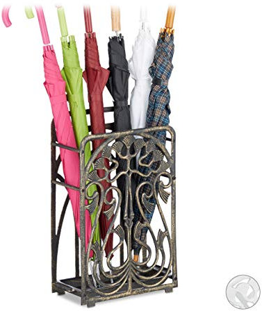 Relaxdays Schirmständer, rechteckig, mit Auffangschale, Gusseisen, Vintage Regenschirmhalter, 48,5x30,5x16 cm, bronze