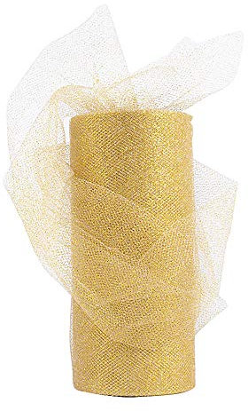 BUONDAC 22,5 m Tüll Stoff 15 cm breit mit Glitzerpulver Tüllband für Hochzeit Weihnachten Party Deko Zierband Rolle Dekostoff Dekoband (Gold)