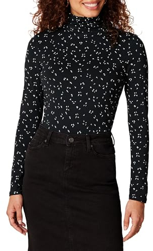 Amazon Essentials Dames Långärmad tröja med polokrage (finns i plusstorlek), Svart Vit Strödda blad, XL