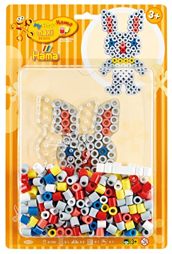 Hama Perlen 8939 Set Conejo con aprox. 250 cuentas de planchado maxi de colores con diámetro de 10 mm, placa para bolígrafo en transparente, incluye papel de planchado, diversión creativa para grandes