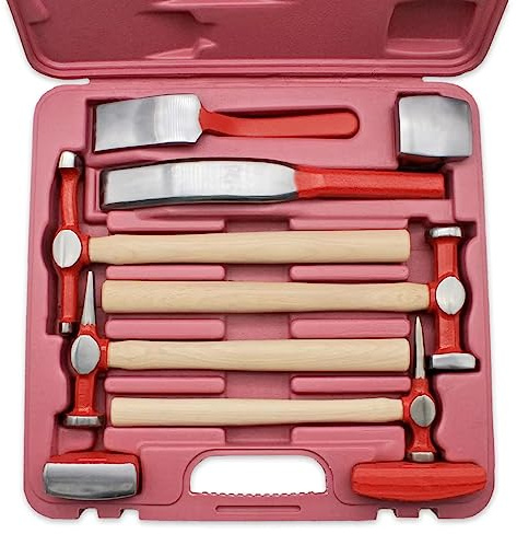 PASBAS 9 piece auto Body Repair Tool, Carbon Steel Body Fender Tool, Body Hammer dent Body car Body Repair Tool kit, Genuine Hickory Handle Steel Dolly Set, Heavy Duty Performance Tool