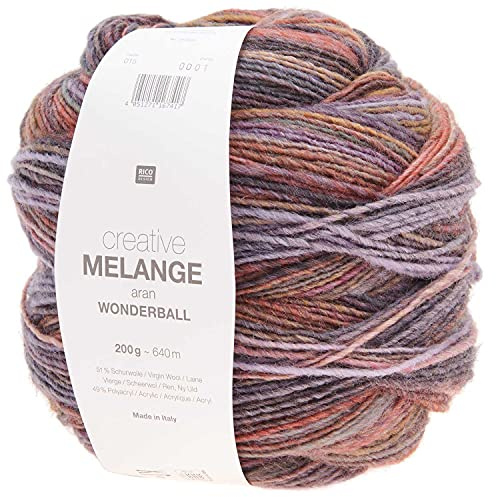 Rico Creative Melange Aran Wonderball Fabe 15, Farbverlaufswolle Nadelstärke 5 mm zum Stricken oder Häkeln, Wolle 200g Knäuel