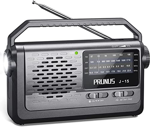 PRUNUS J-15 Portable Radio Mains and Battery, SW AM FM Radio Battery Operated by 3x D Cell Battery or AC Power, Transistor Radio with 3W Large Speaker, Flashlight for Emergencies.