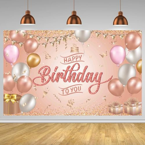 OSDUE Happy Birthday Banners Decoration Background, Personalised Rose Gold Party Banners for Girls, Party Decorations Backdrop, Essential Decorations for Birthday Party