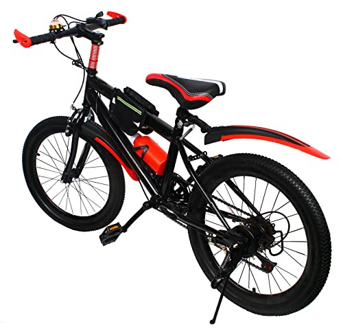 KinHall Bicicletta per Bambini da 20 Pollici, Mountain Bike, Freno a Disco in Alluminio, con Borsa e Portabottiglie, per Bambini e Ragazzi, 6 Marce (Rosso)