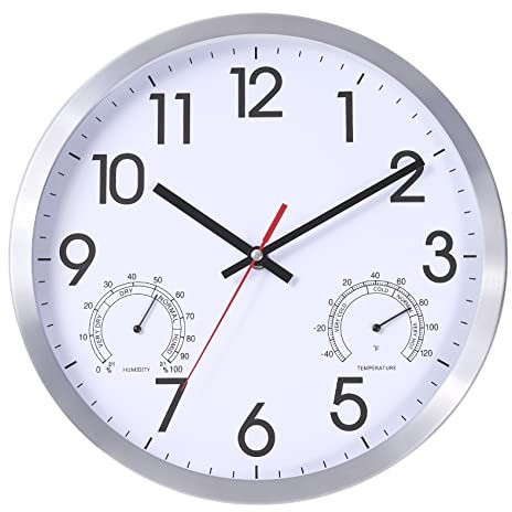 Vigorwise 30,5 cm Wanduhr mit Temperatur und Luftfeuchtigkeit, silberfarbener Aluminiumrahmen, geräuschloses Uhrwerk, genaue Uhren, dekorativ für Zuhause, Garten, Terrasse