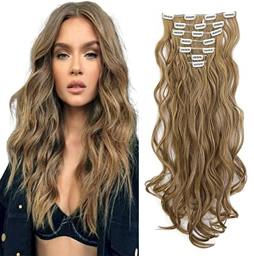 Cybelleza Clip-in Extensions Hårförlängning Hårdelar som riktigt hår 7 Stycken 16 Clips Vågigt Långt Prisvärd Hårförtjockning Syntetiskt Hår 50 cm (Lättblond & Askbrun)