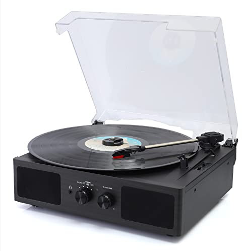 Hernido Vinyl Record Player, Belt-Driven 3-Speed Turntable, Bluetooth Speaker with Input & Output Function, Supports AUX-in, RCA Output, Headphone Jack (Black)