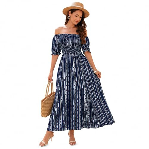 es-uk Women's Off Shoulder Maxi Dress Boho Summer Dress Short Sleeve Smocked Beach Holiday Long Dress (Navy, XXL)