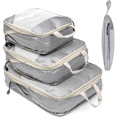 Koffer Organizer Packing Cubes Compression Koffer Organizer Set Wasserfester Kofferorganizer Packtaschen für Koffer Travel Essentials Erweiterbar Reisepack Organizer für Handgepäck, Grau 3 Stück