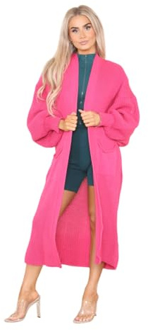 celebmodelook Womens Balloon Sleeve Cardigan Ladies Chunky Knitted Open Front Winter Oversized Long Maxi Cardigan Fuchsia
