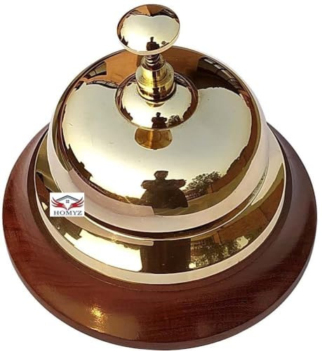 HOMYZ BellDesk - Campanello di servizio in ottone da 12,7 cm, per hotel, scuole, ristoranti, campane in ottone con base in legno