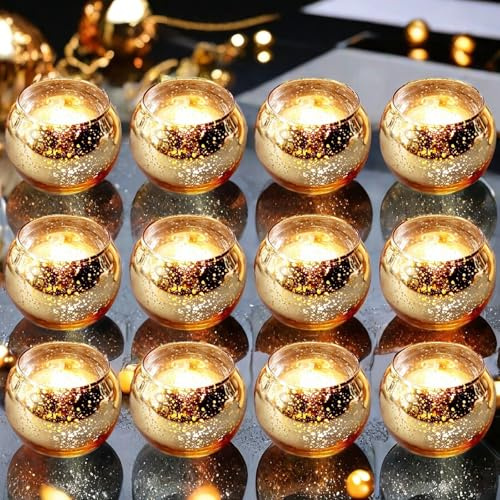 Lot de 12 photophores ronds dorés en verre - Photophore en verre doré - Pour bougie chauffe-plat - Décoration de table de mariage