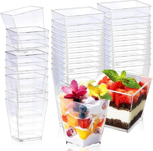 50 Pack Dessert Cups, 4oz/120ml Mini Dessert Bowls for Parties, Square Cheesecake Pots Reusable Clear Parfait Appetizer Cups for Dessert, Party Use