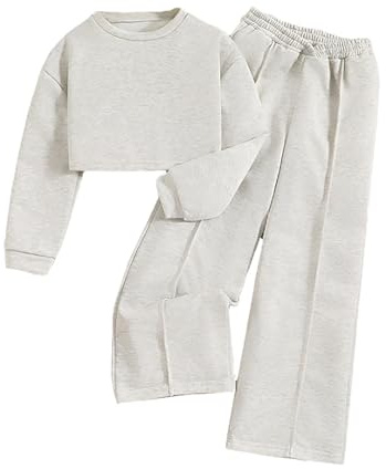 Huttam ensemble fille 7-12 ans a la mode decontracte pull sweat fille courte col rond automne tee shirt enfant manche longue uni pantalons fluide large survêtements (White, 9-10 ans)