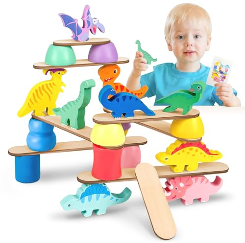 Miyacare Dinosaurie-tapelleksak av trä, Montessori träleksak från 3 4 5 6 år, stapelspel, trämotorikleksaker, julklappar för barn (flerfärgad)