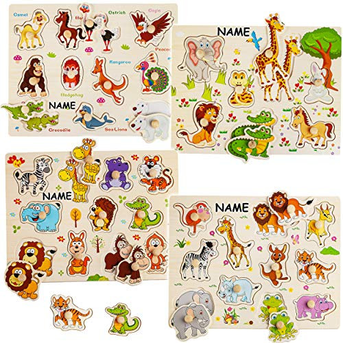 alles-meine.de GmbH 4 TLG. Set - Verschiedene Steckpuzzle mit Griff - Zootiere & Bauernhof Tiere - inkl. Name - aus Holz - großes Holzpuzzle/Einlegepuzzle - Legespiel - Rahmenp..