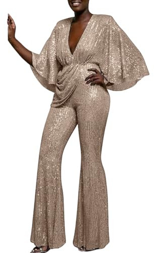 overall damen winter, Damen Jumpsuit Pailletten Festlich Hosenanzug Overall Lang Glitzer Hochzeit Playsuit Party Langarm Romper Elegant Einteiler Sexy Clubwear Jumpsuits