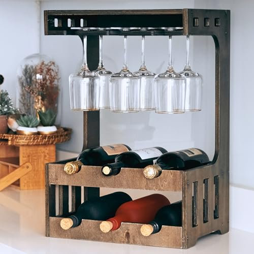 LIFENZO Wooden Wine Rack – Wall Mounted or Free Standing, Holds 6 Bottles & 6 Glasses with Glass Holder, Space-Saving Design for Kitchen or Home Wine Racks Display