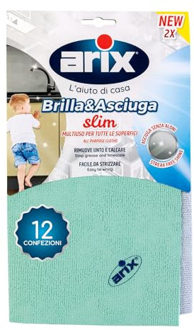 Arix | 24 Panni Brilla&Asciuga slim, 29x29 cm, Panno Multiuso per Tutte le Superfici, Asciuga Senza Aloni, Riumove Lo Sporco In Profondità, Panno Cucina Assorbente - 12 Confezioni