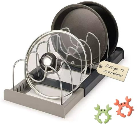 Organizador de Sartenes y Ollas Extensible ELISPACES con 10 Separadores | 2 Clips de Silicona Antiderrame - Soporte de Espátula | Soporte Ajustable para Almacenaje de Tapas, Ollas, Sartenes, Platos...