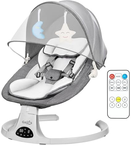 Baby Chair, Music Bluetooth Enabled Electric Swing with 5 Swing Speed 3-Stage Timer Portable Baby Electric from Birth for 0 Months Plus Newborn Boys Girls (Grey)
