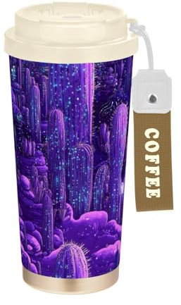 Amooorous Purple Techno Kaktus, dekorativer Kaffeebecher für Männer mit Deckel, To Go, Kaffeetasse aus Edelstahl, Kaffeetasse für heiße und kalte Getränke, 482 ml