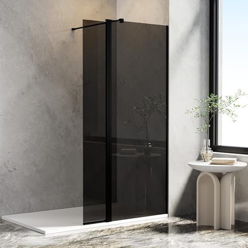 AQUARA 700mm Shower Screen with 300mm Flipper Panel, 8mm Easy Clean Grey Toughened Saftey Glass with Support Bar, Black Walk in Shower Screens