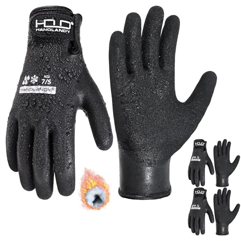 HANDLANDY 2 Paar isolierte, wasserdichte Winter-Arbeitshandschuhe mit Griff für Männer und Frauen, zum Angeln, für den Gefrierschrank, zum Gärtnern und für Arbeiten im Freien (Schwarz, Größe S)