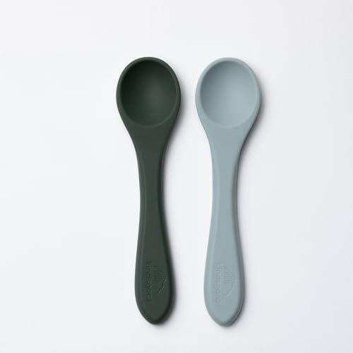 kindsgard Babybesteck aus Silikon - Gabel & Löffel Set silaet oder 2er Set sililske, BPA-frei, weich, LFGB-zertifiziert, spülmaschinengeeignet, ergonomisch, in 6 Farben (2er Löffel - Oliv/Mint)