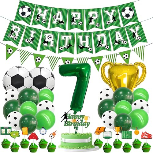 Set Decorazioni Compleanno 7 anns - Palloncino Alluminio Numero 7 Verde, Palloncino Calcio, Ballons Lattice Verde, Candela Compleanno 7, con Cake Topper Calcio, per Bambini 7 Anniversario Party