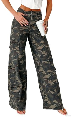 loveimgs Women Casual Camo Print Denim Pants Y2k Wide Leg Cargo Jeans Flare Distressed Camouflage Jeans Sweatpants Pockets (X-Small,Dark Green)