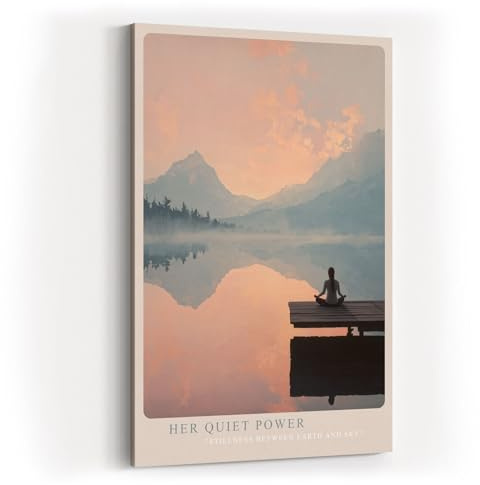 Paul Sinus Wandbild in 40x60cm Her Quiet Power – Meditatives Landschaftsmotiv mit Frau auf einem Steg, Blick auf spiegelnden See und Berge im Sonnenaufgang, moderne Bilder in sanften Farbtönen