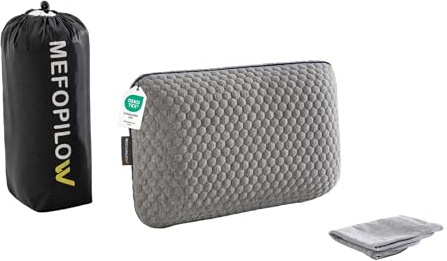 MEFOPILO Memory Schaumstoff Reisekissen zum Schlafen, Campingkissen, Nacken-Stützkissen für Flugzeug, Auto-Reisen, tragbare Tasche (Grau – mit extra grauem Baumwollbezug, 40x25x10 cm)